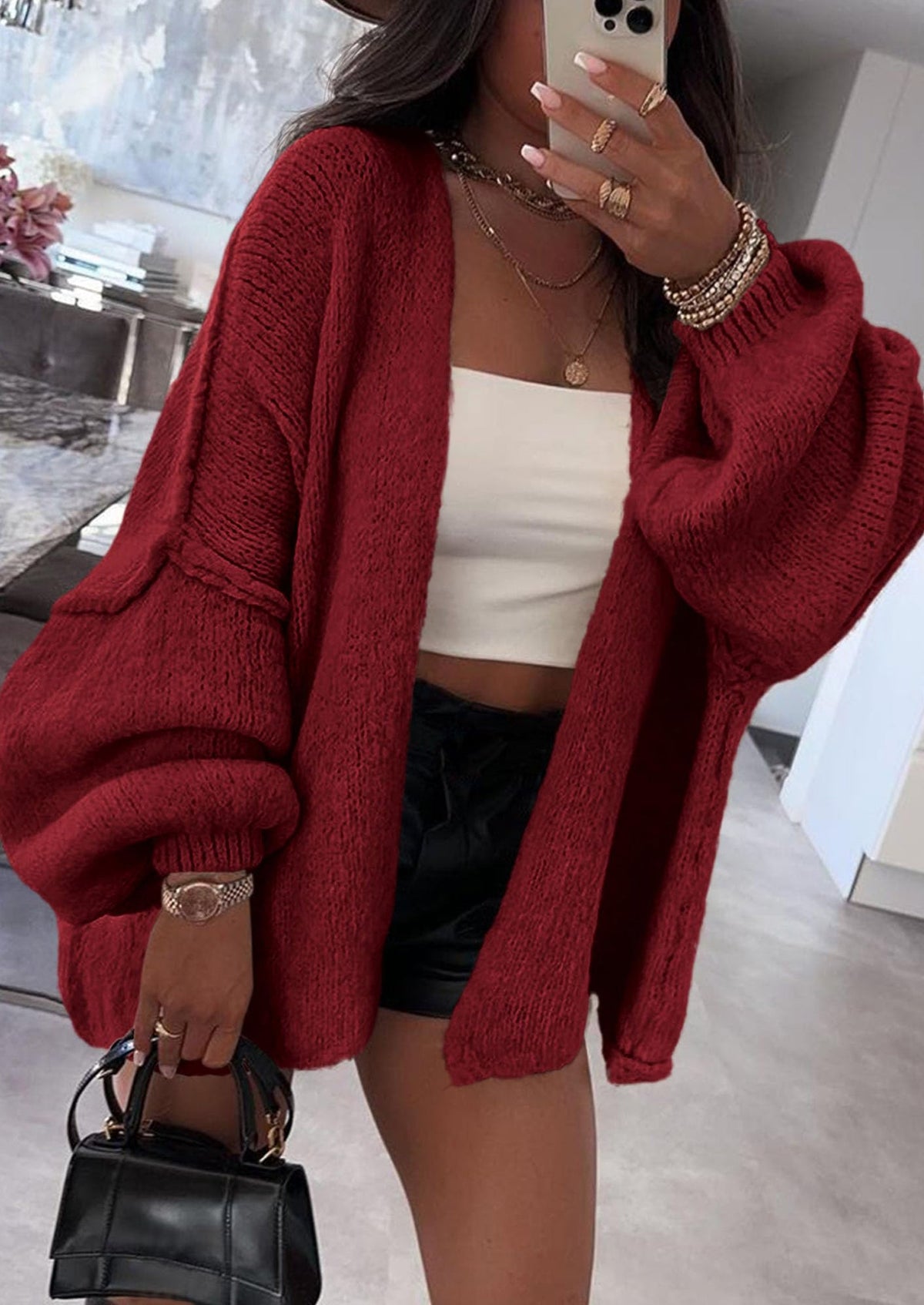 Pisania Womens Oversized Cardigan Sweaters Fall Long Lantern Sleeve Knit Open Front Lightweight Sweater