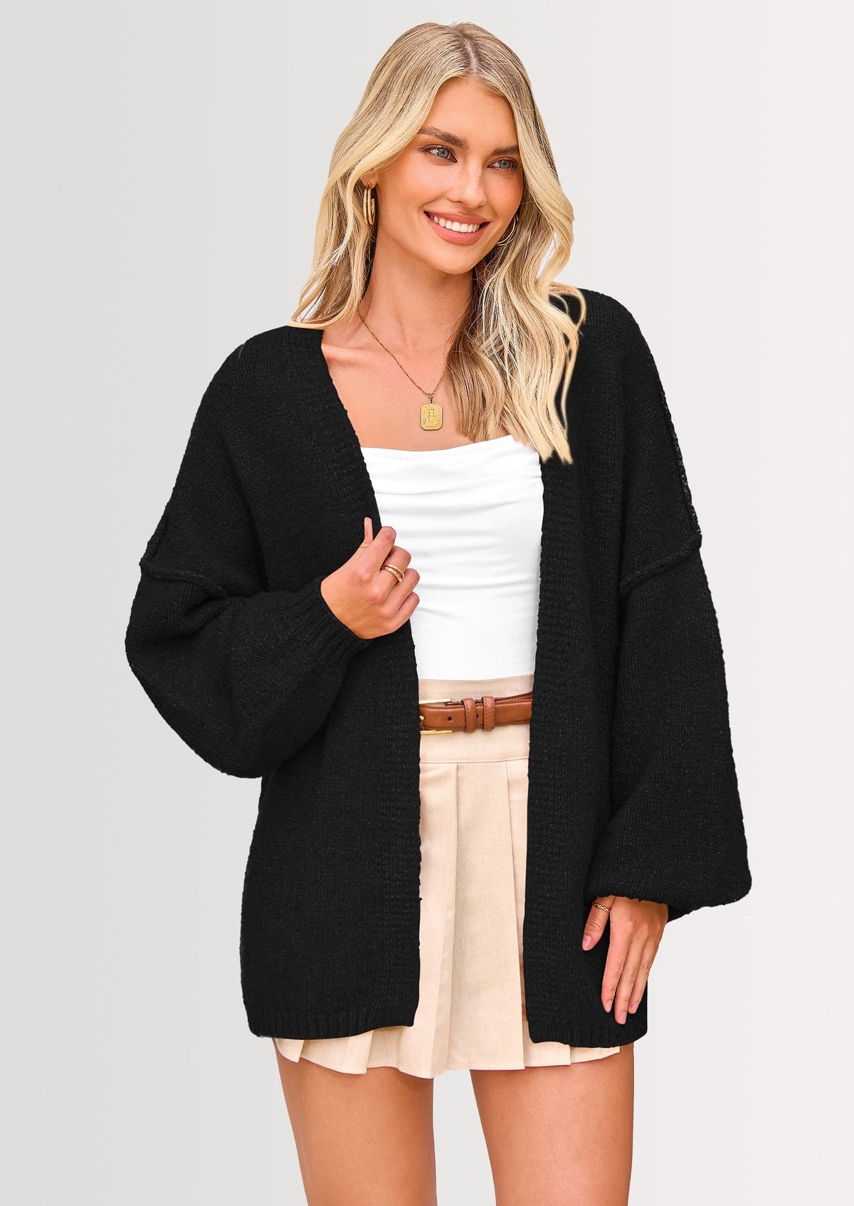 Pisania Womens Oversized Cardigan Sweaters Fall Long Lantern Sleeve Knit Open Front Lightweight Sweater