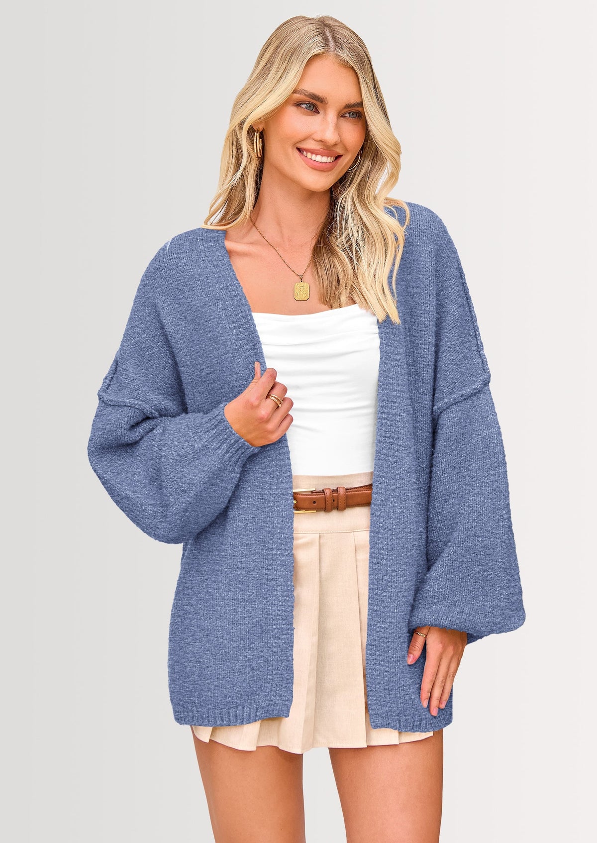 Pisania Womens Oversized Cardigan Sweaters Fall Long Lantern Sleeve Knit Open Front Lightweight Sweater