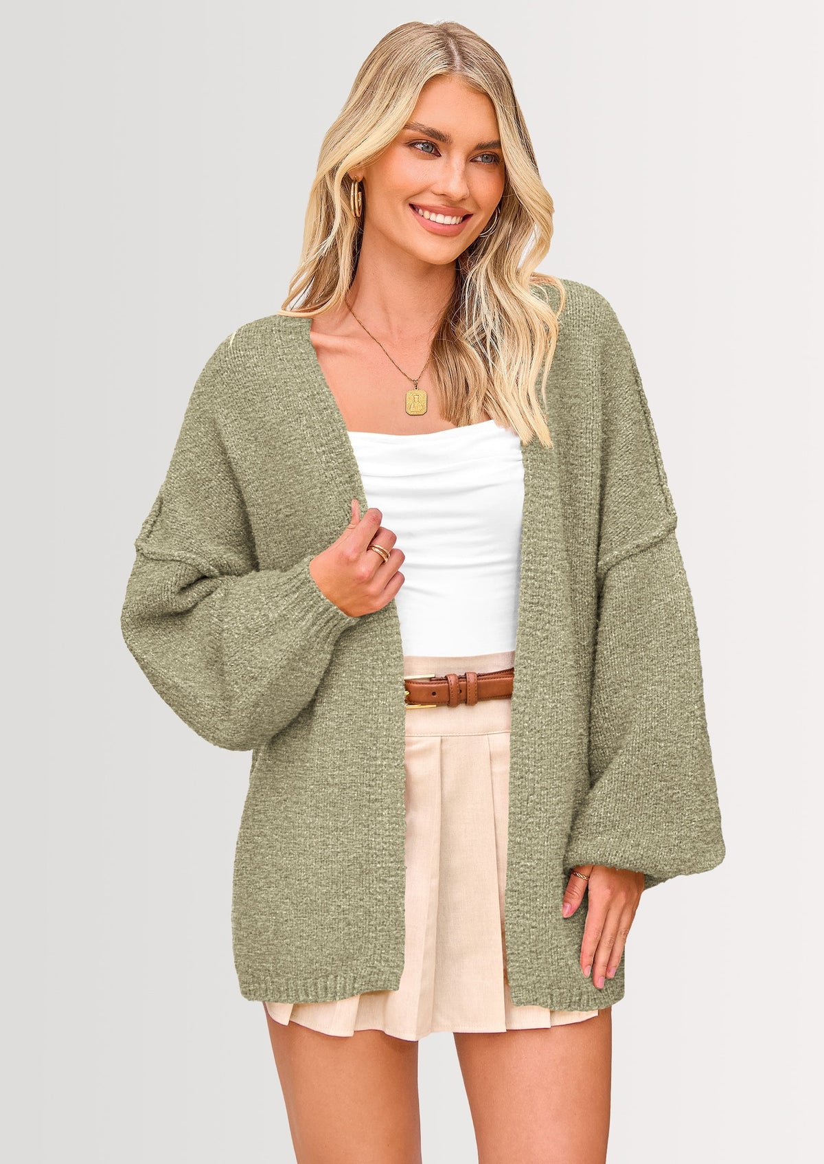 Pisania Womens Oversized Cardigan Sweaters Fall Long Lantern Sleeve Knit Open Front Lightweight Sweater