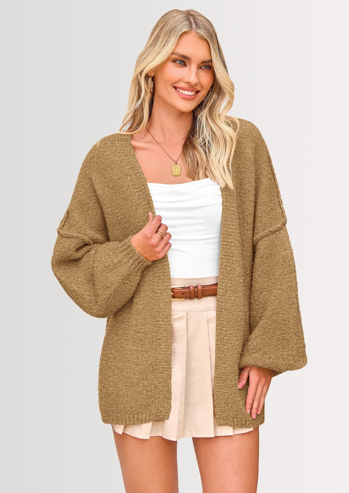 Pisania Womens Oversized Cardigan Sweaters Fall Long Lantern Sleeve Knit Open Front Lightweight Sweater