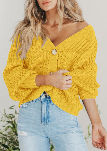 Pisania Women's Chunky Knit Open Front Sweater Long Sleeve Button Loose Short Cardigan Outerwear Coats