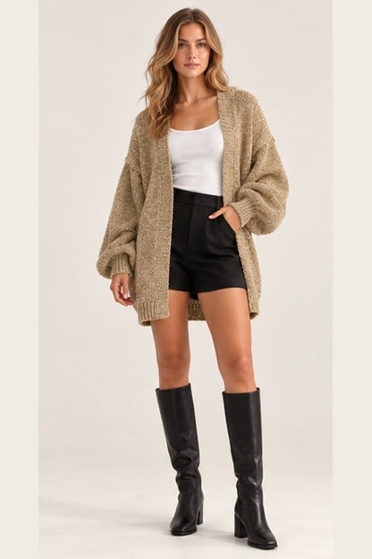 PISANIA The Willow Oversized Cardigan – Chunky Knit Balloon Sleeve Open Front Sweater
